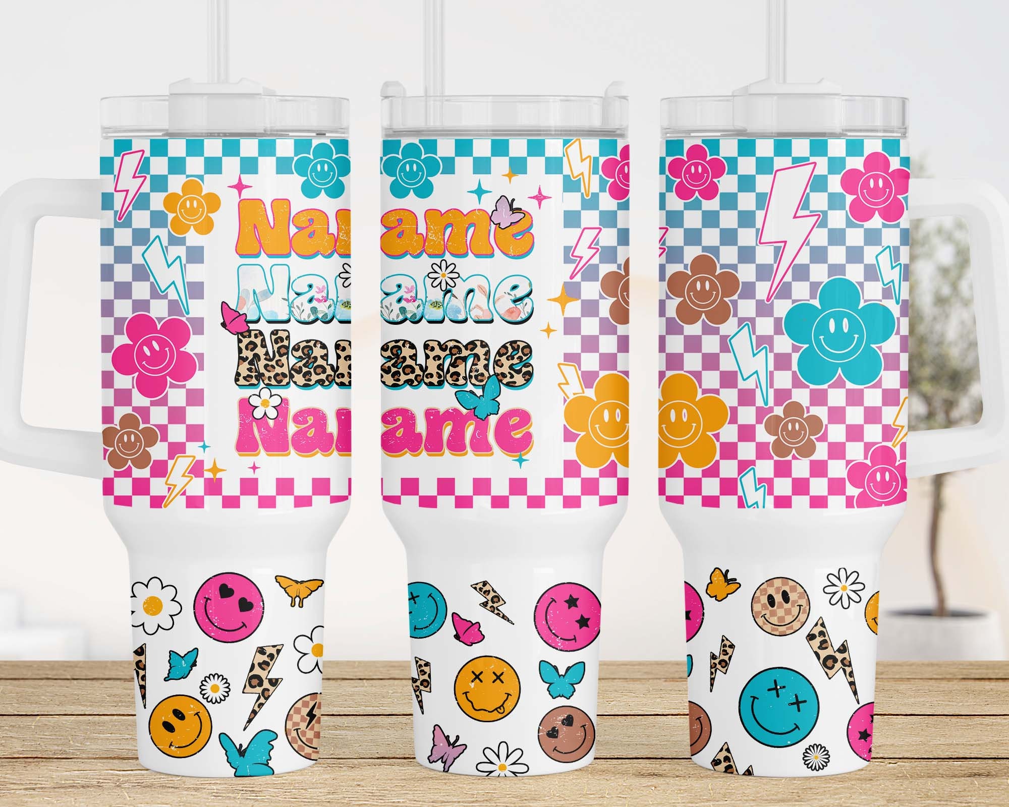 Personalized Name Retro Checkered Smiley Face Custom Stanley Cup 40 oz 30 oz Tumbler With HandleTVC2301959