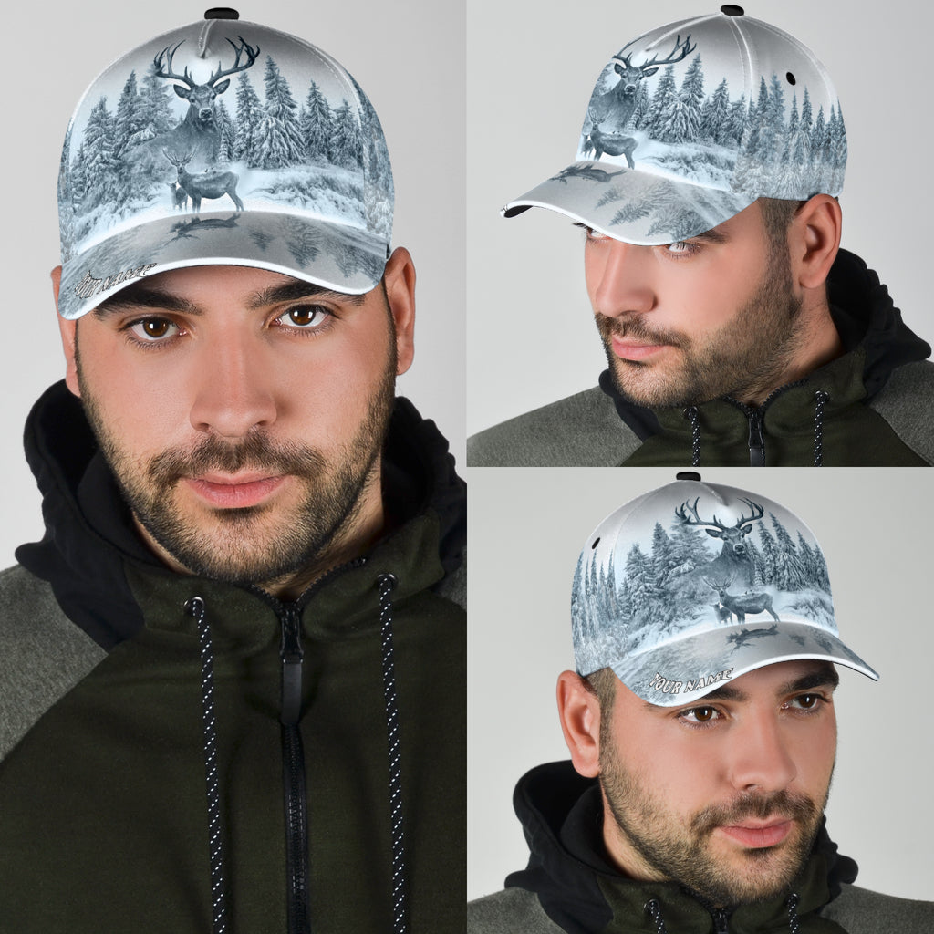 Personalized Name White Deer Hunting Classic Cap Hat - Hunting Cap Hat 3D Full Print Trucker Hats Custom Hats Gifts For Men & Women