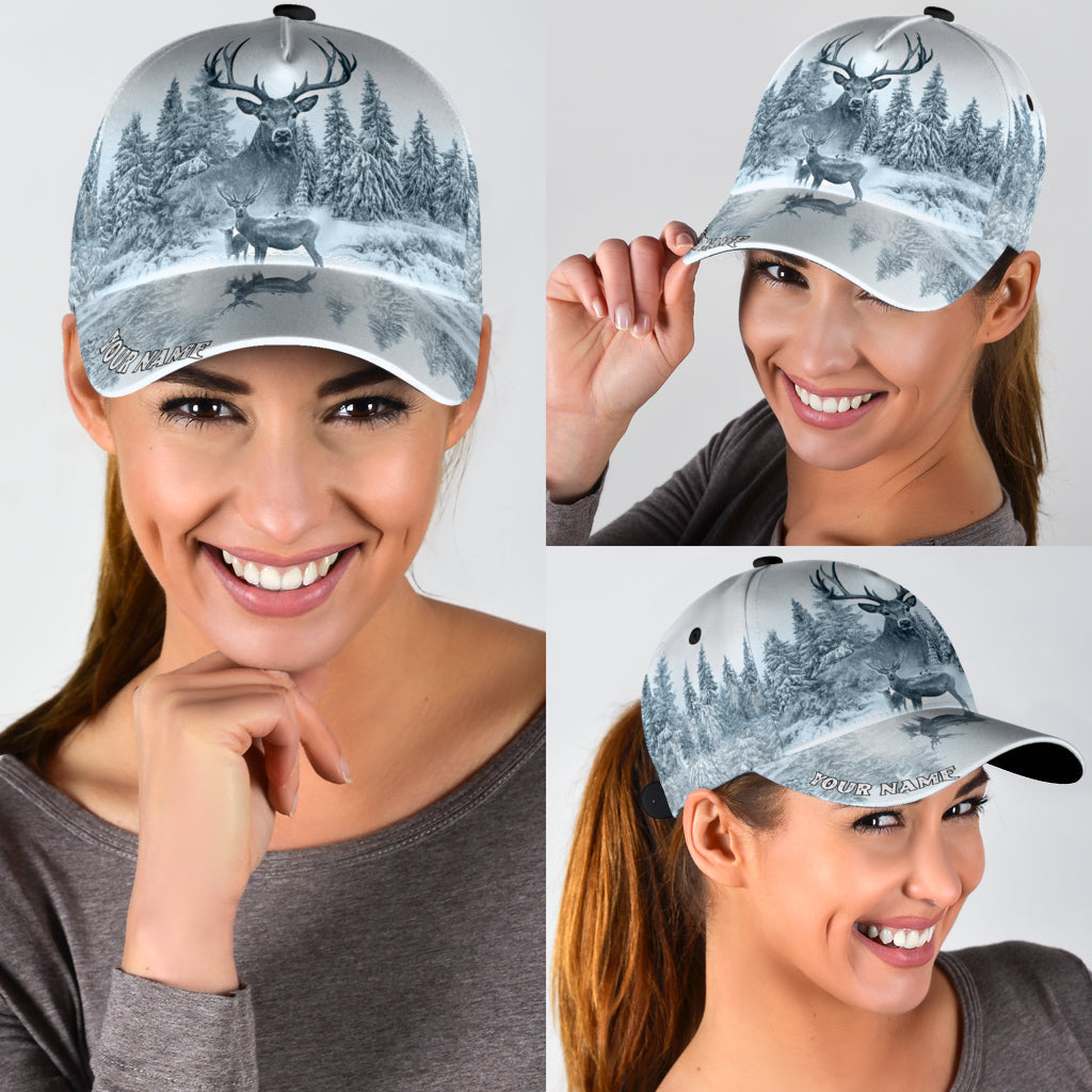 Personalized Name White Deer Hunting Classic Cap Hat - Hunting Cap Hat 3D Full Print Trucker Hats Custom Hats Gifts For Men & Women