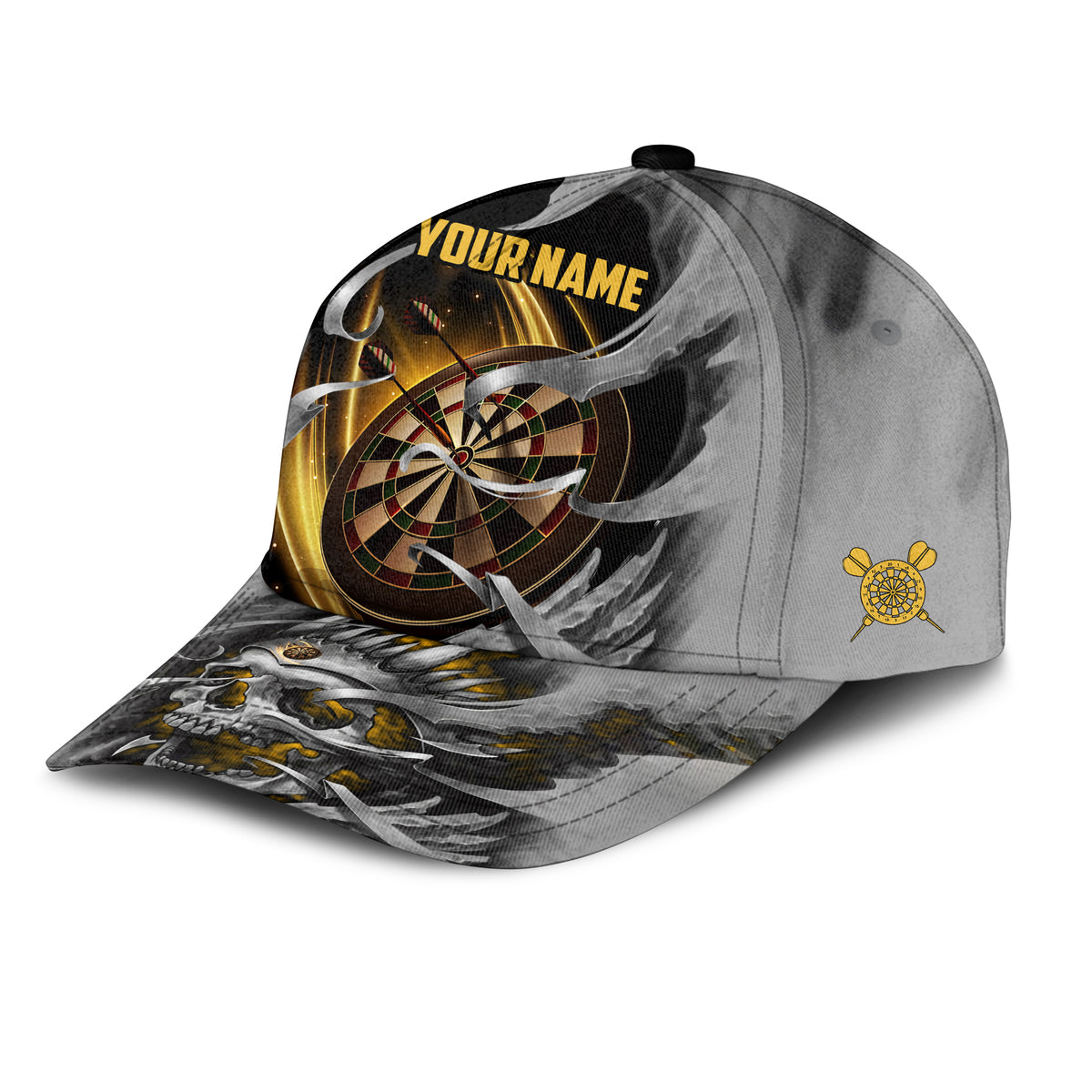 Personalized Name Yellow Skull Darts Classic Cap Trucker Hats Custom Hats Gifts For Men & Women