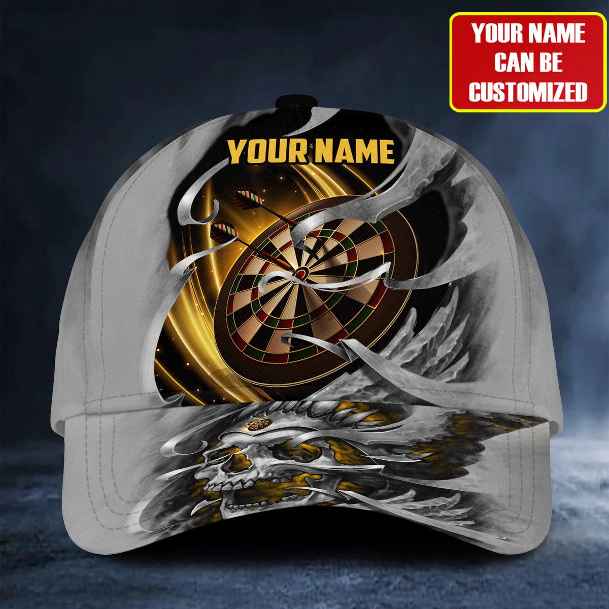 Personalized Name Yellow Skull Darts Classic Cap Trucker Hats Custom Hats Gifts For Men & Women