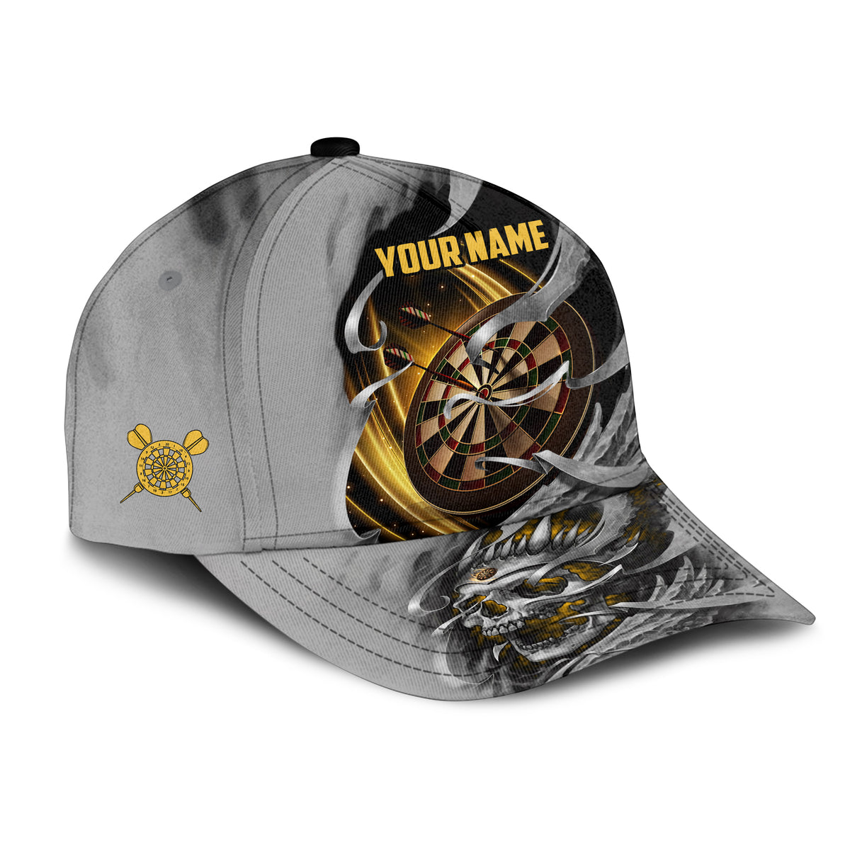 Personalized Name Yellow Skull Darts Classic Cap Trucker Hats Custom Hats Gifts For Men & Women