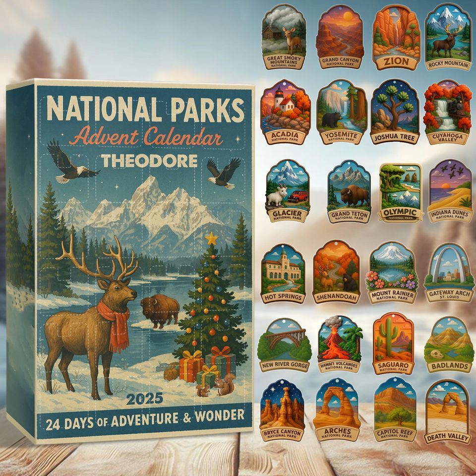 Personalized National Parks Advent Calendar 2025, Custom Hiker Gift, Vintage Acrylic Ornaments