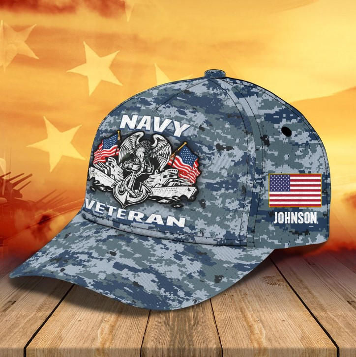 Personalized Navy Veteran 4th of July Classic Cap for Men, Dad, Custom Name Navy Soldier Hats for Husband Trucker Hats Custom Hats Gifts For Men & Women