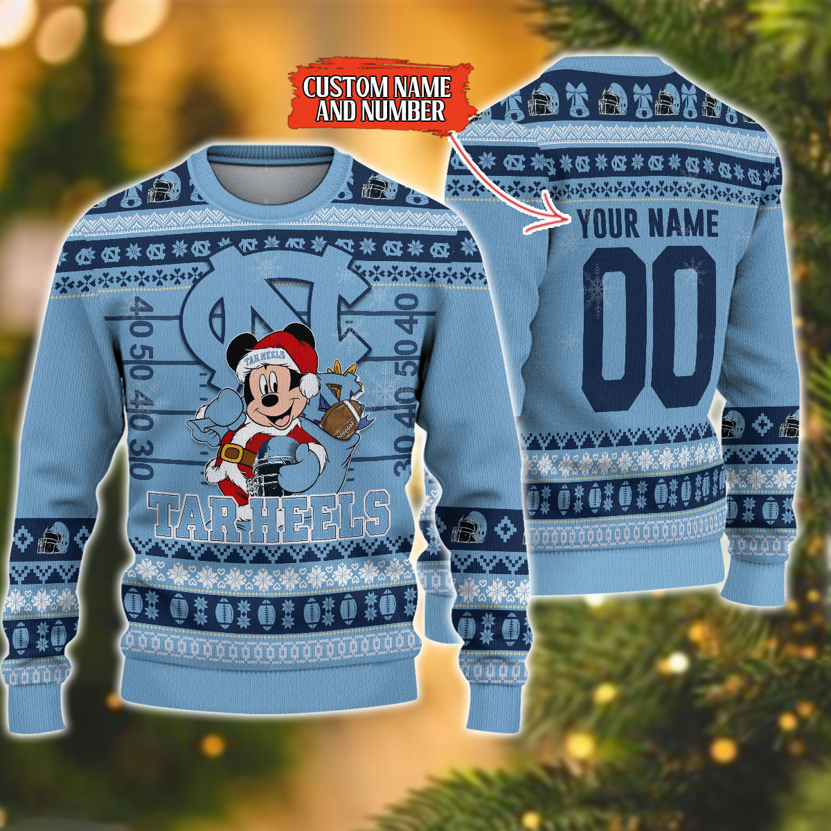 Personalized North Carolina Tar Heels Mickey Ugly Christmas Sweater Adult 3D Funny Matching for family