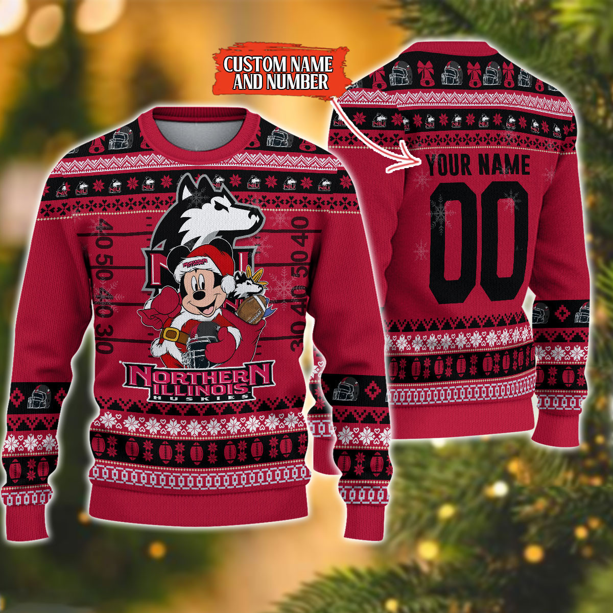 Personalized Northern Illinois Huskies Mickey Ugly Christmas Sweater Adult 3D Funny Matching for family
