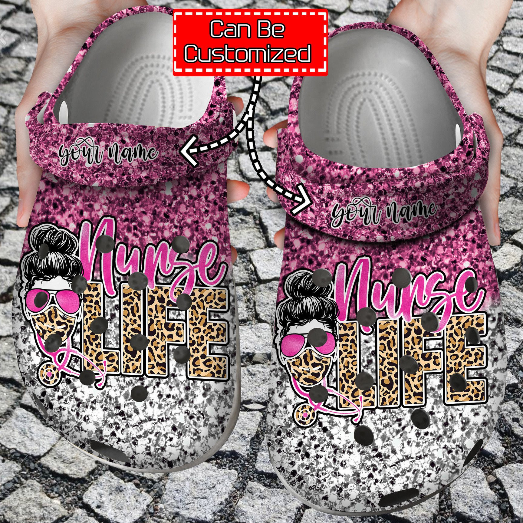 Personalized Nurse Life Face Leopard Gliiter clog Shoes Nurse