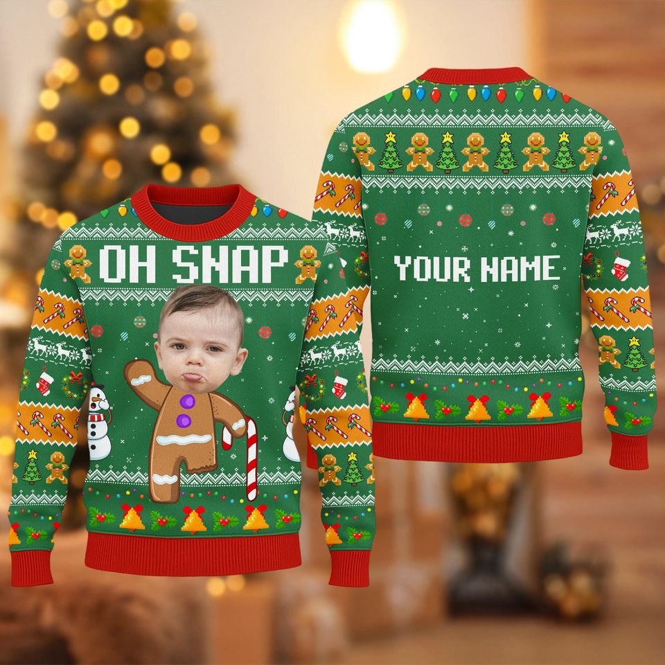 Personalized Oh Snap Gingerbread Face Photo Ugly Sweater, Custom Photo Christmas Ugly Sweater, Face Photo Sweatshirt, Picture Xmas Shirt - Image 2