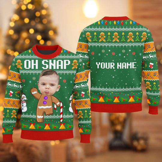Personalized Oh Snap Gingerbread Face Photo Ugly Sweater, Custom Photo Christmas Ugly Sweater, Face Photo Sweatshirt, Picture Xmas Shirt - Image 4