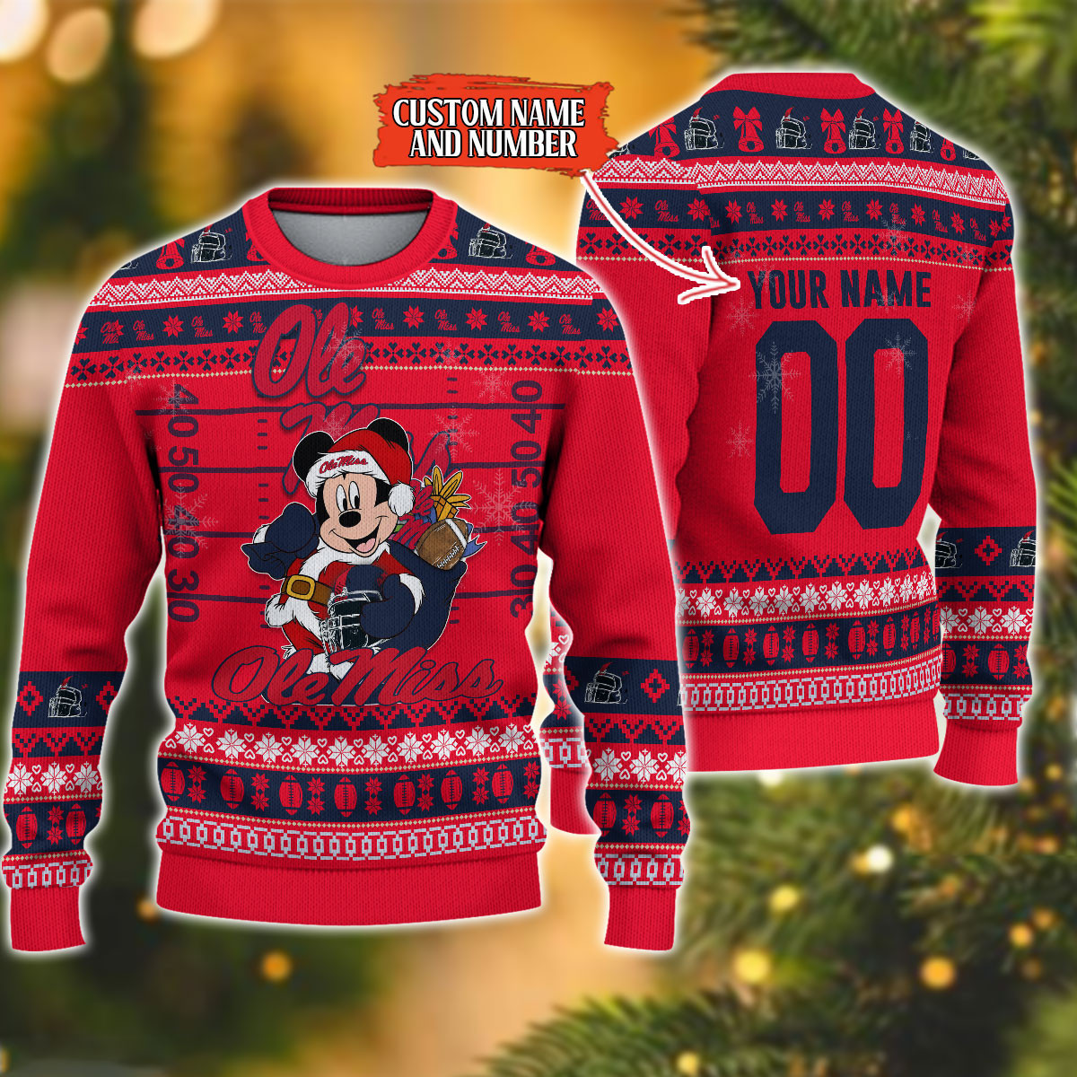 Personalized Ole Miss Rebels Mickey Ugly Christmas Sweater Adult 3D Funny Matching for family