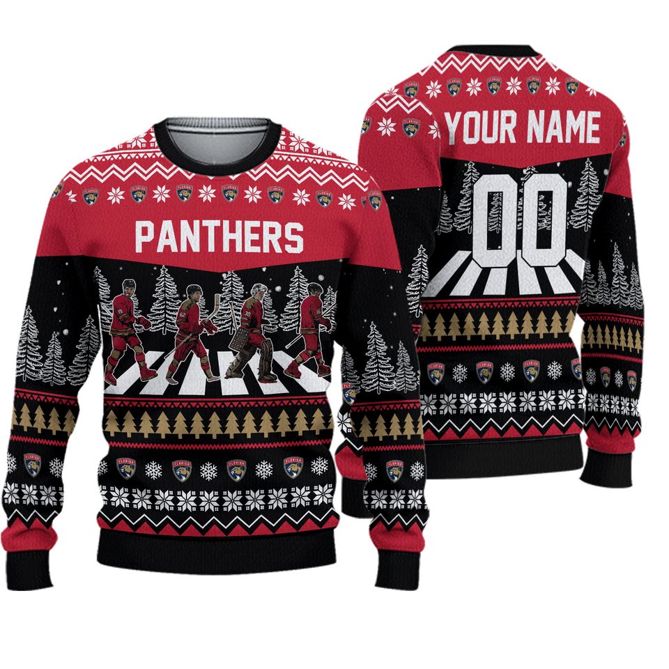 Personalized Panthers Walking Abbey Road Ice Hockey Christmas Ugly Sweater