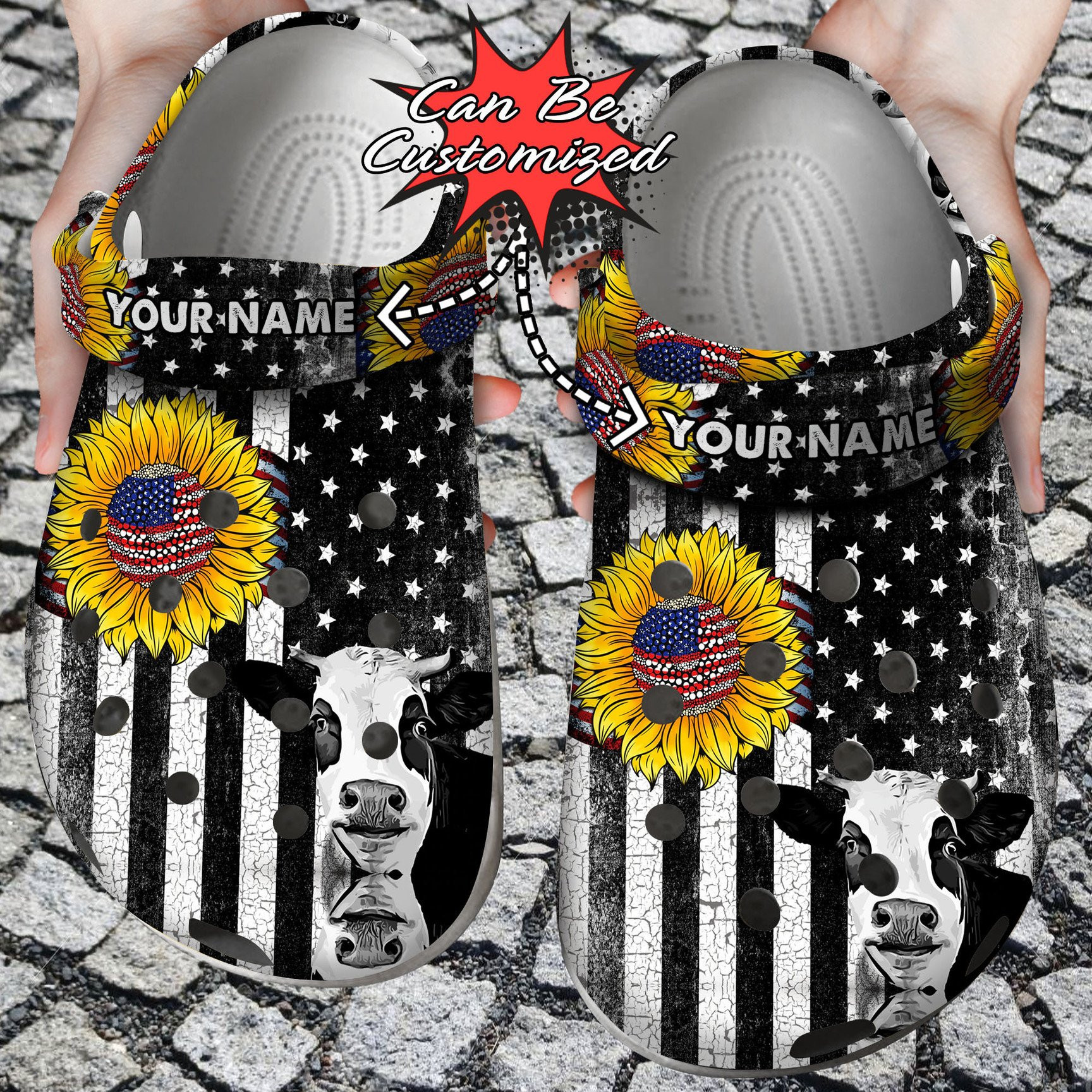 Personalized Patriotic Flag Sunflower Cow clog Shoes Custom