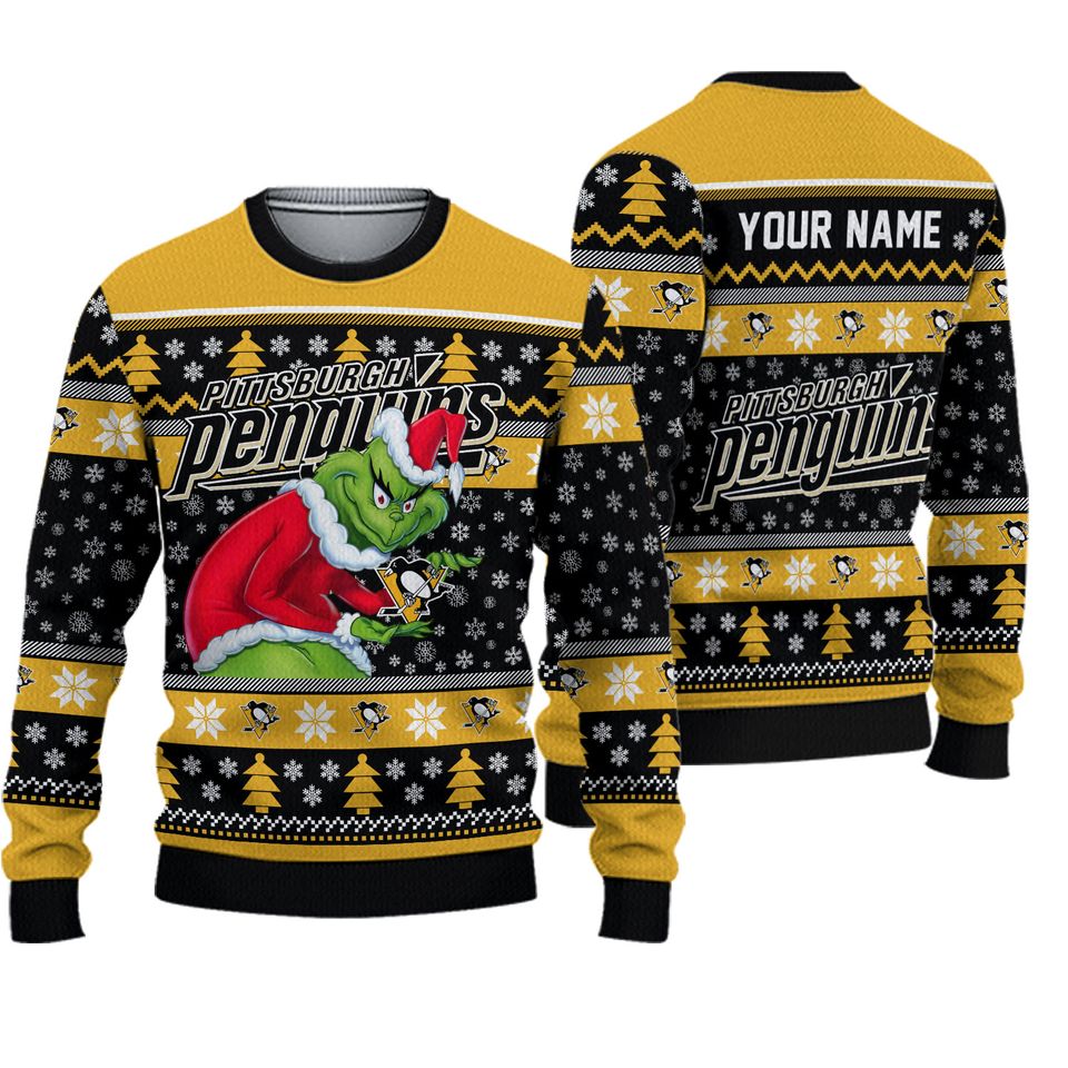 Personalized Penguins Grin Ice Hockey Christmas Ugly Sweater