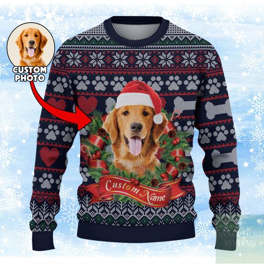 Personalized Pet Face Christmas Funny Laurel Wreath Vintage Pattern Ugly Sweater - Image 8