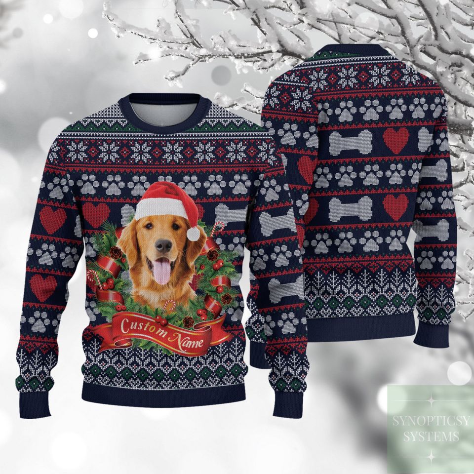 Personalized Pet Face Christmas Funny Laurel Wreath Vintage Pattern Ugly Sweater - Image 2