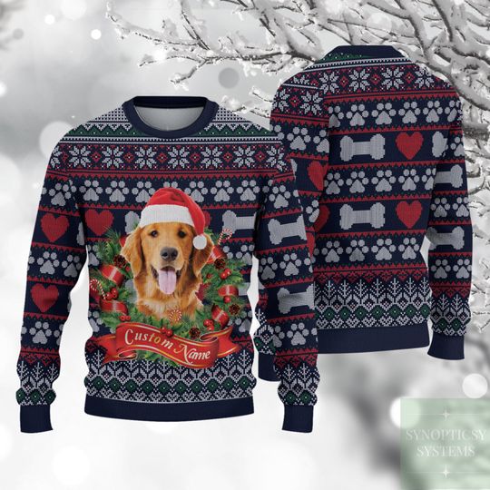 Personalized Pet Face Christmas Funny Laurel Wreath Vintage Pattern Ugly Sweater - Image 7