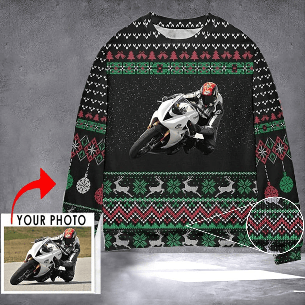 Personalized Photo Motorcycle Ugly Christmas Sweater Motorcycle Lover Xmas Clothing Gifts - Image 2