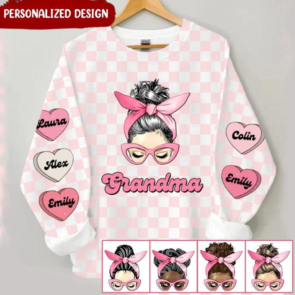 Personalized Pink Messy Bun Grandma Mom Nana Heart Kids 3D Sweater