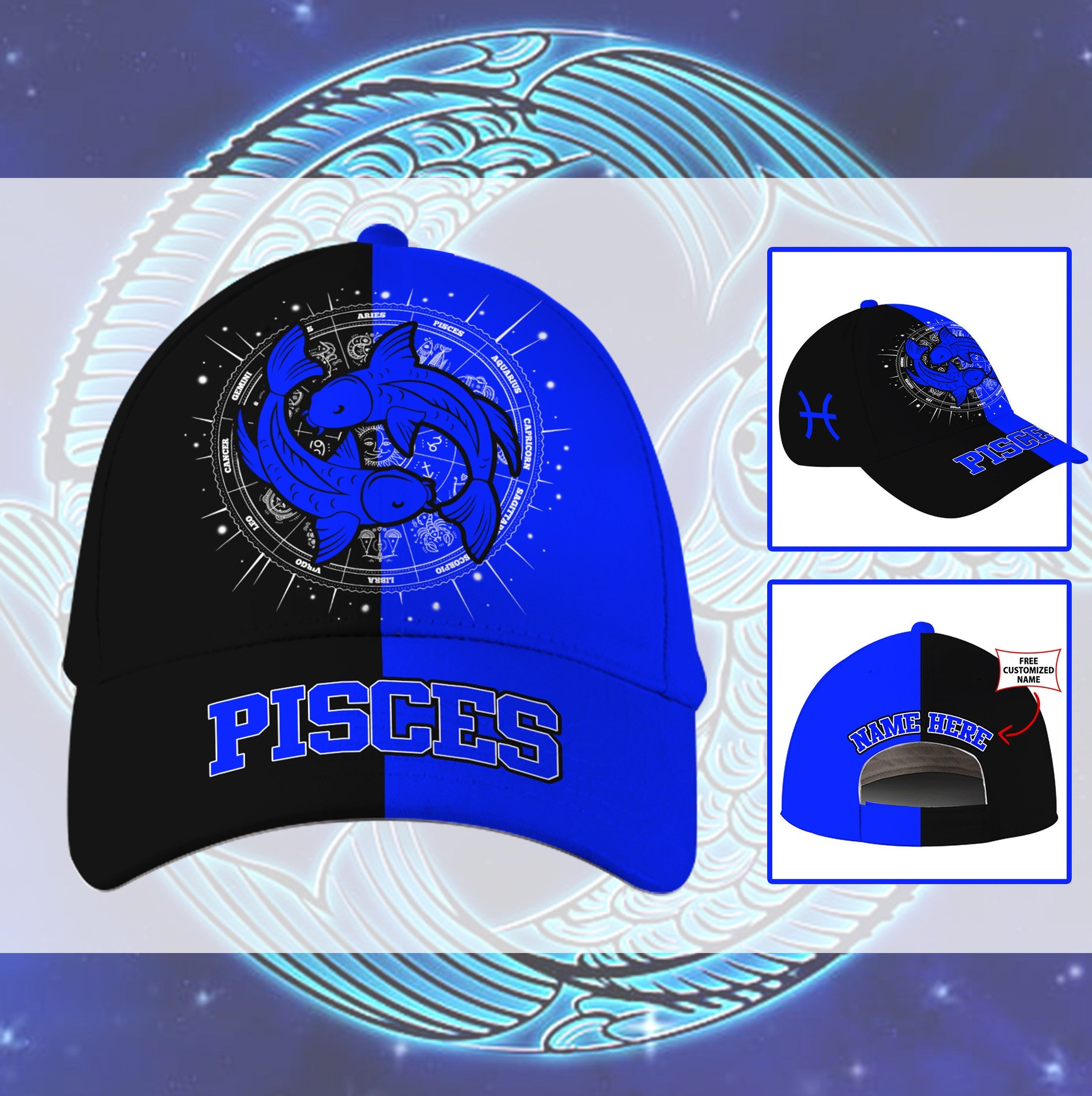 Personalized Pisces Blue Zodiac Hat Classic Cap Trucker Hats Custom Hats Gifts For Men & Women