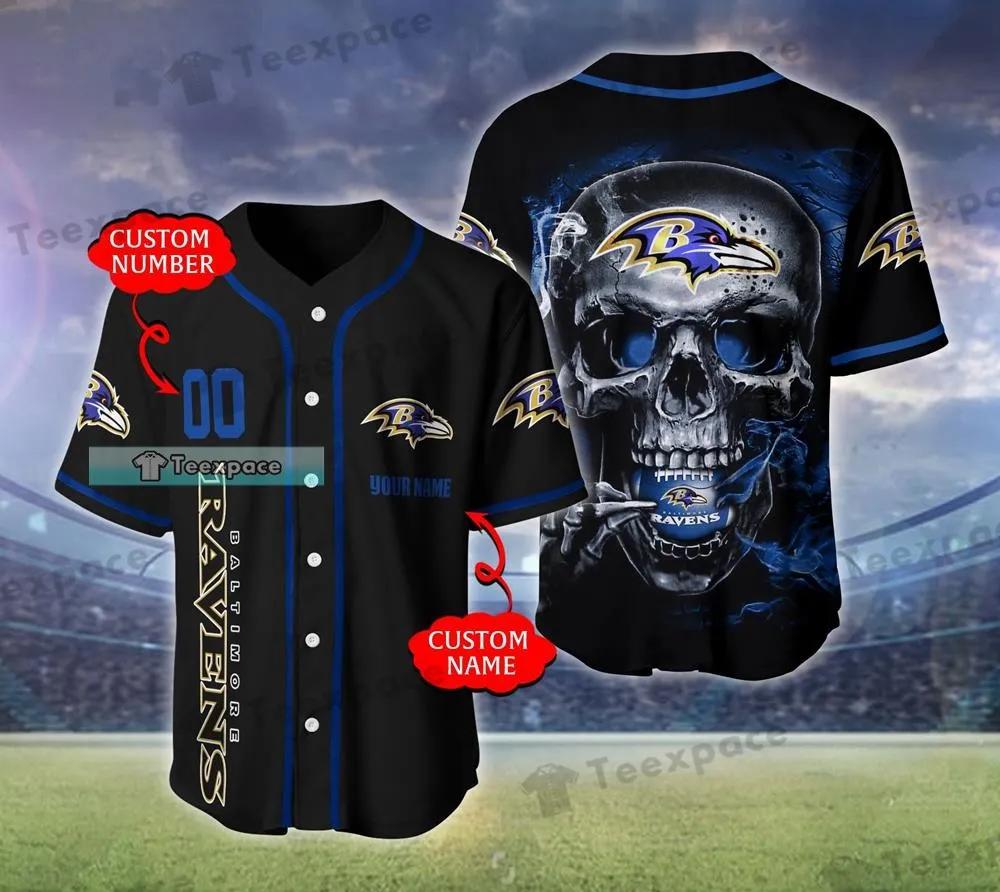 Personalized Ravens Blue Flame Skull Baltimore Ravens Baseball Jersey
