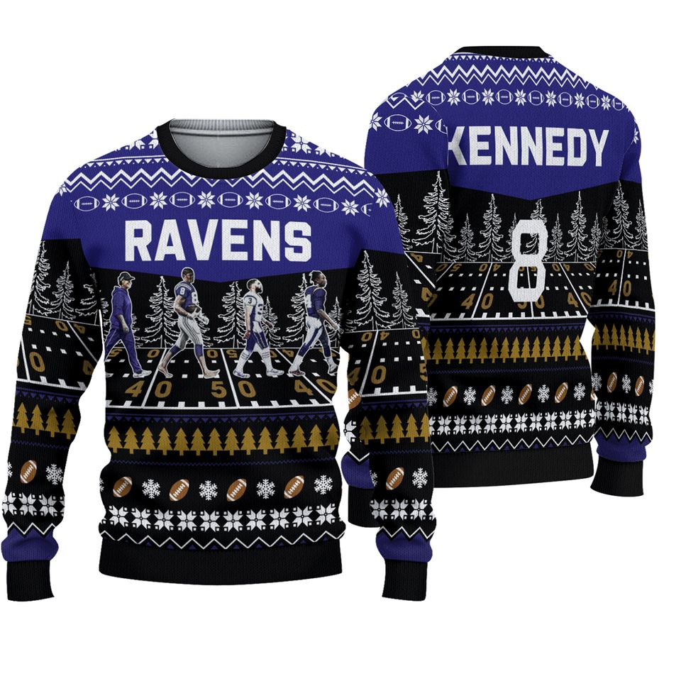 Personalized Ravens Walking Abbey Road Christmas Football Ugly Sweater