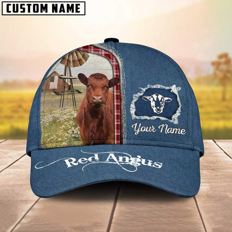 Personalized Red Angus Cattle Hat for Farmer, Custom Name 3D Farmhouse Classic Cap Trucker Hats Custom Hats Gifts For Men & Women
