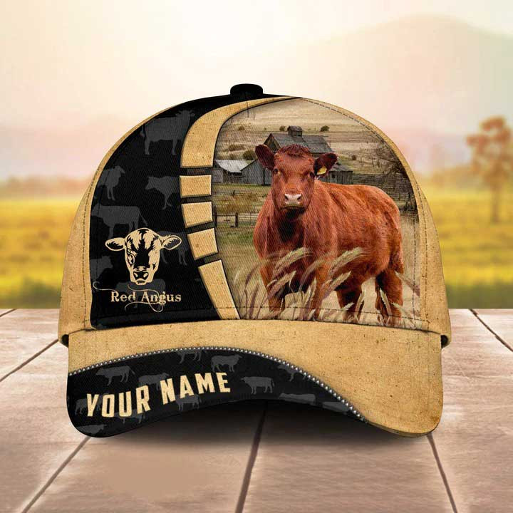 Personalized Red Angus Cattle Hat for Farmer, Custom Name 3D Farmhouse Classic Cap Trucker Hats Custom Hats Gifts For Men & Women