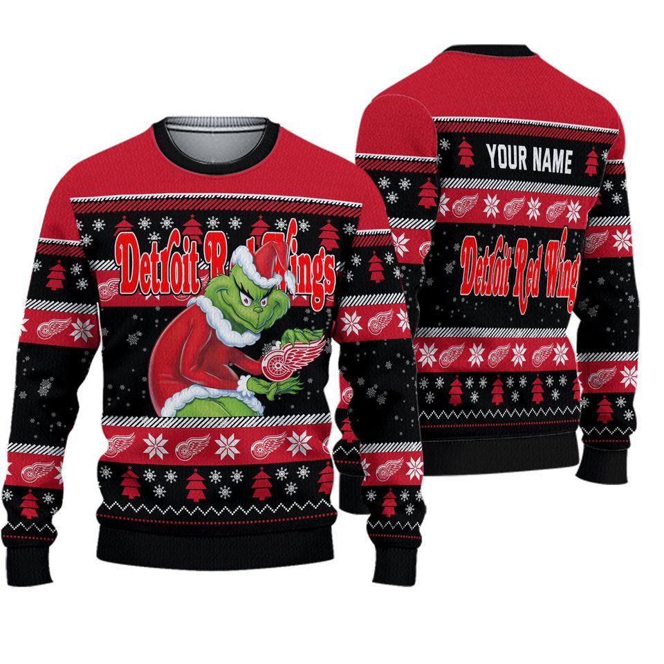 Personalized Red Wings Grin Ice Hockey Christmas Ugly Sweater
