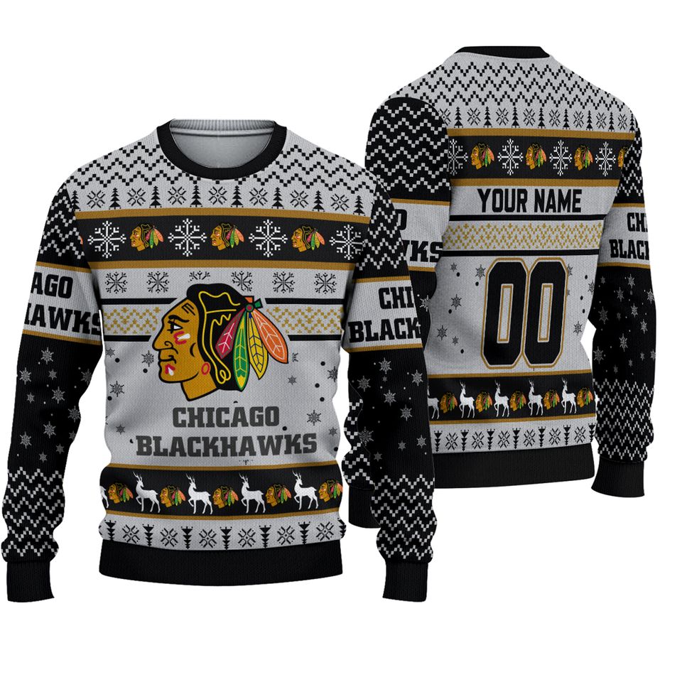 Personalized Reindeer Blackhawks Football Christmas Ugly Sweater Sweatshirt