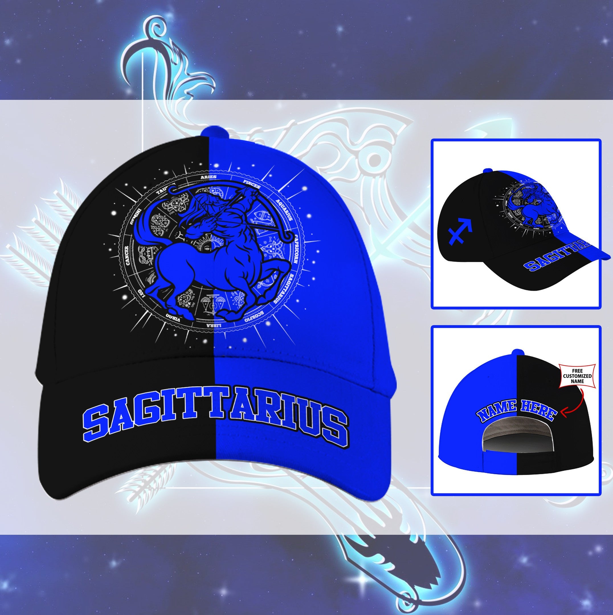 Personalized Sagittarius Blue Zodiac Hat Classic Cap Trucker Hats Custom Hats Gifts For Men & Women
