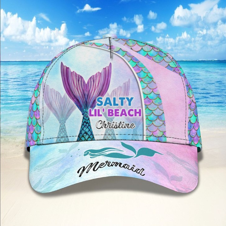 Personalized Salty Lil' Beach Mermaid Hat for Mermaid Lovers, Fish Scales Pattern Mermaid Cap Trucker Hats Custom Hats Gifts For Men & Women