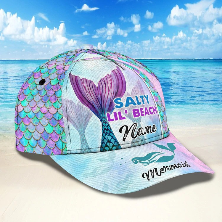 Personalized Salty Lil' Beach Mermaid Hat for Mermaid Lovers, Fish Scales Pattern Mermaid Cap Trucker Hats Custom Hats Gifts For Men & Women