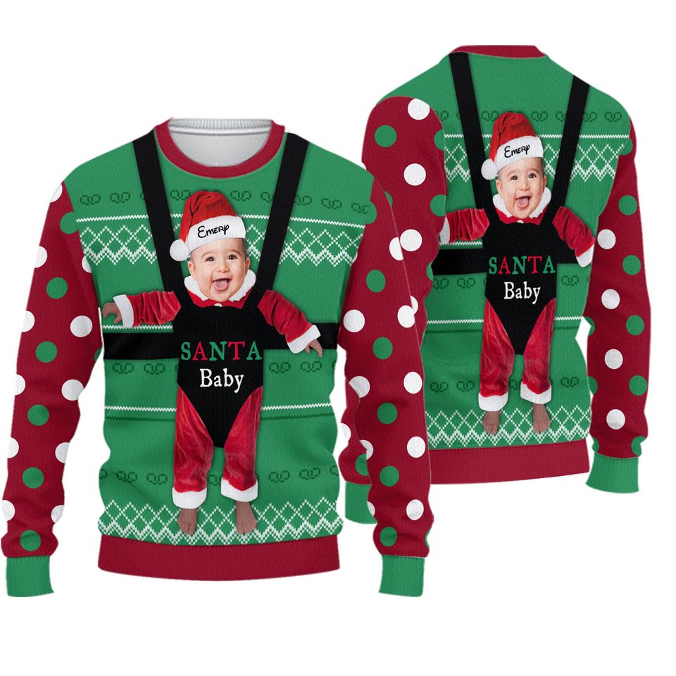 Personalized Santa Baby's Face With Carrier On Christmas Ugly Sweater, Custom Face