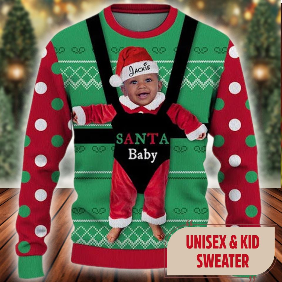 Personalized Santa Baby's Face With Carrier On Christmas Ugly Sweater, Custom Face