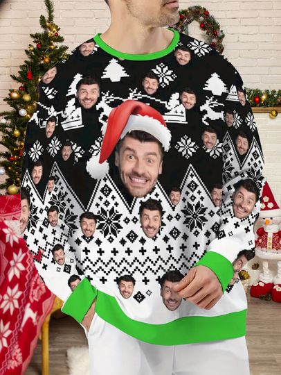 Personalized Santa Face & Snowflake Christmas Sweater – Custom Photo Holiday Sweatshirt - Image 6