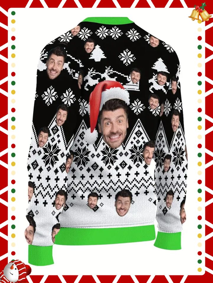 Personalized Santa Face & Snowflake Christmas Sweater – Custom Photo Holiday Sweatshirt - Image 5