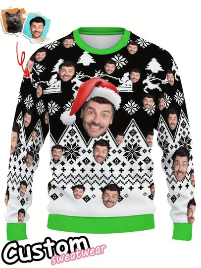 Personalized Santa Face & Snowflake Christmas Sweater – Custom Photo Holiday Sweatshirt - Image 7