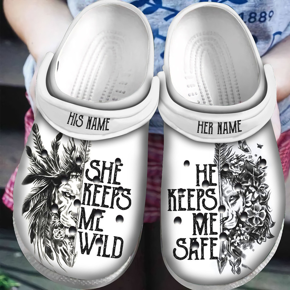 Personalized She Keeps Me Wild He Keeps Me Safe Lion Couple Classic Clog Shoes