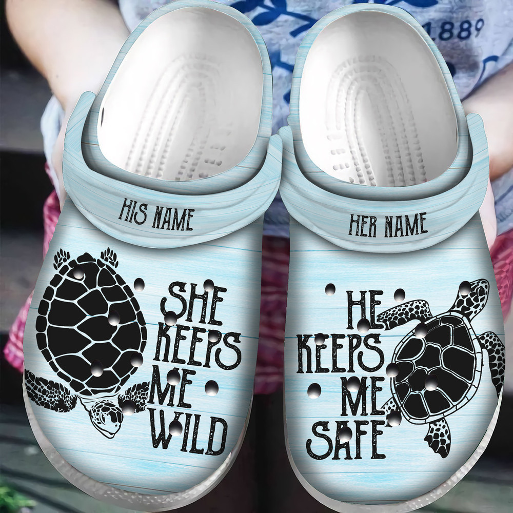 Personalized She Keeps Me Wild He Keeps Me Safe Turtle Couple Classic Clog Shoes
