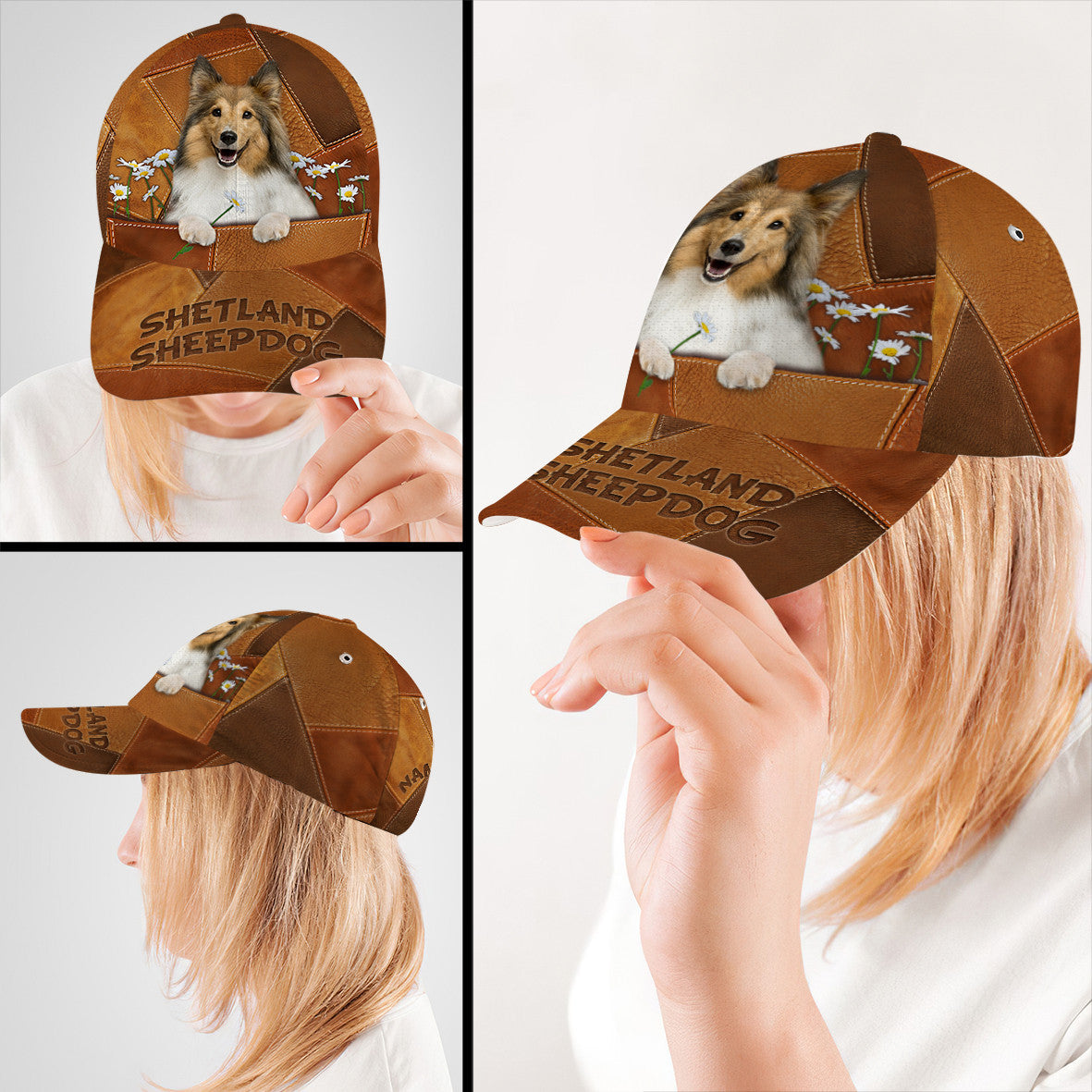 Personalized Shetland Sheepdog Dog Leather Hat Classic Cap Printed 3D Trucker Hats Custom Hats Gifts For Men & Women