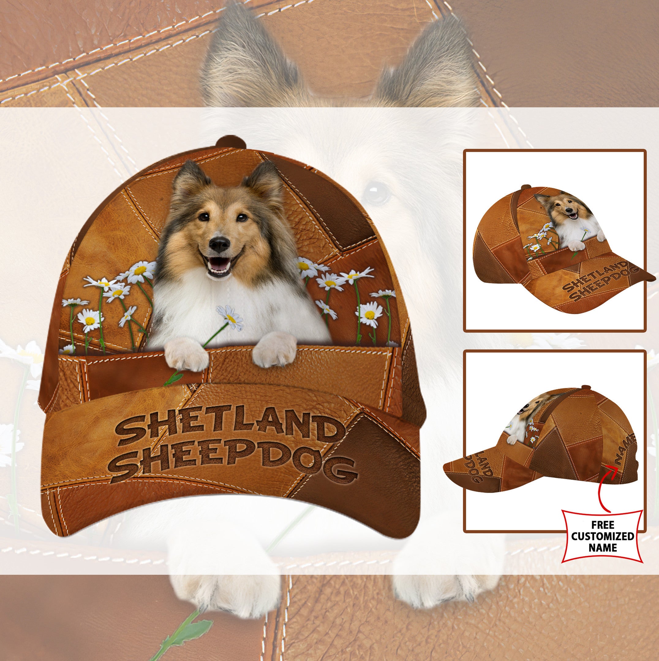 Personalized Shetland Sheepdog Dog Leather Hat Classic Cap Printed 3D Trucker Hats Custom Hats Gifts For Men & Women