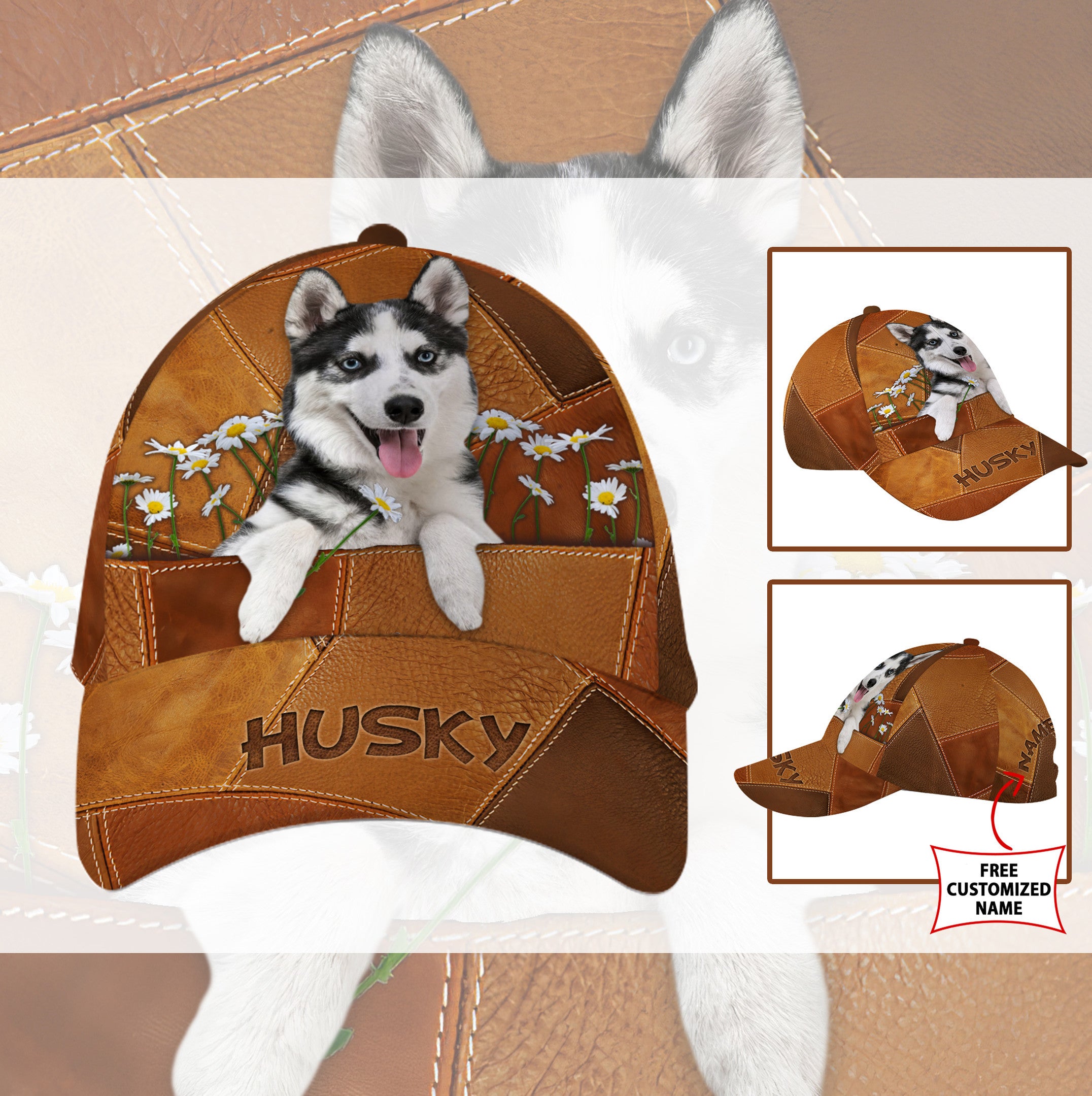 Personalized Sibir Husky Dog Leather Hat Classic Cap Printed 3D Trucker Hats Custom Hats Gifts For Men & Women