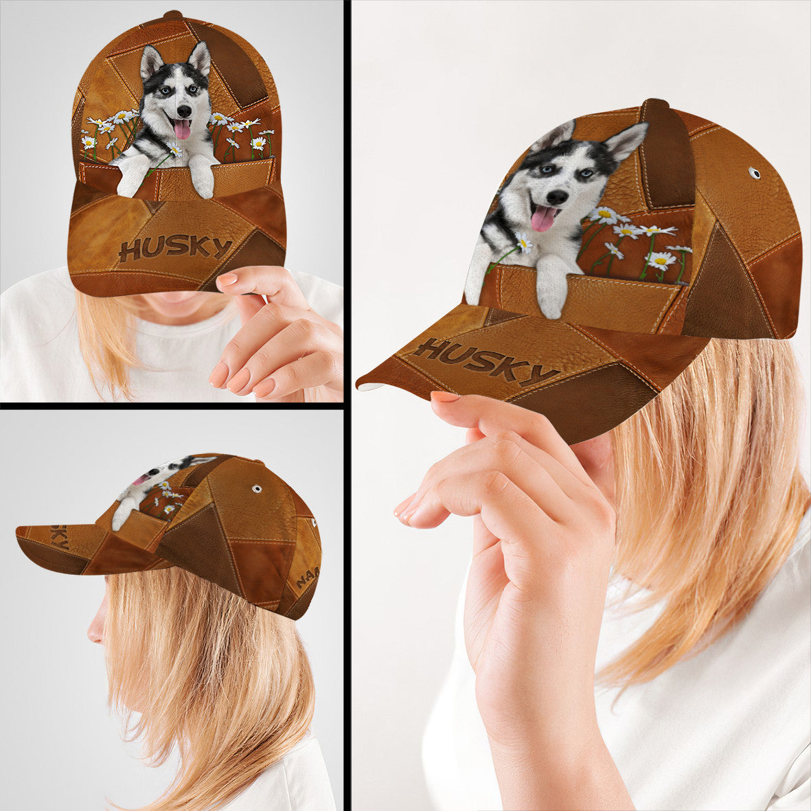 Personalized Sibir Husky Dog Leather Hat Classic Cap Printed 3D Trucker Hats Custom Hats Gifts For Men & Women