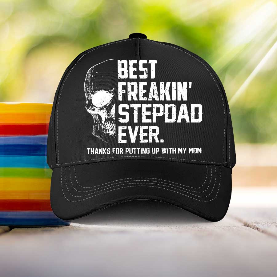 Personalized Skull Best Step Dad Ever Classic Cap for Father's Day Stepped up Dad Hats Trucker Hats Custom Hats Gifts For Men & Women