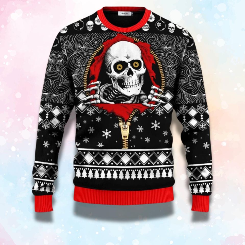 Personalized Skull Ugly Christmas Sweater, Custom Photo and Name, Gothic Fair Isle Unisex Holiday Jumper - Image 4