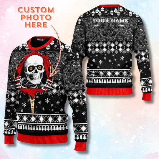 Personalized Skull Ugly Christmas Sweater, Custom Photo and Name, Gothic Fair Isle Unisex Holiday Jumper - Image 7