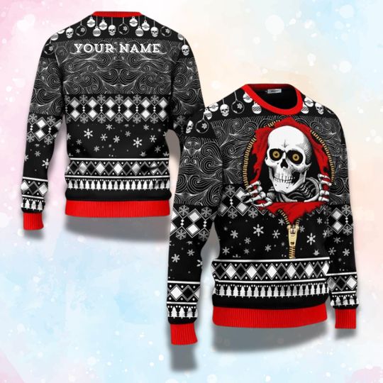 Personalized Skull Ugly Christmas Sweater, Custom Photo and Name, Gothic Fair Isle Unisex Holiday Jumper - Image 8