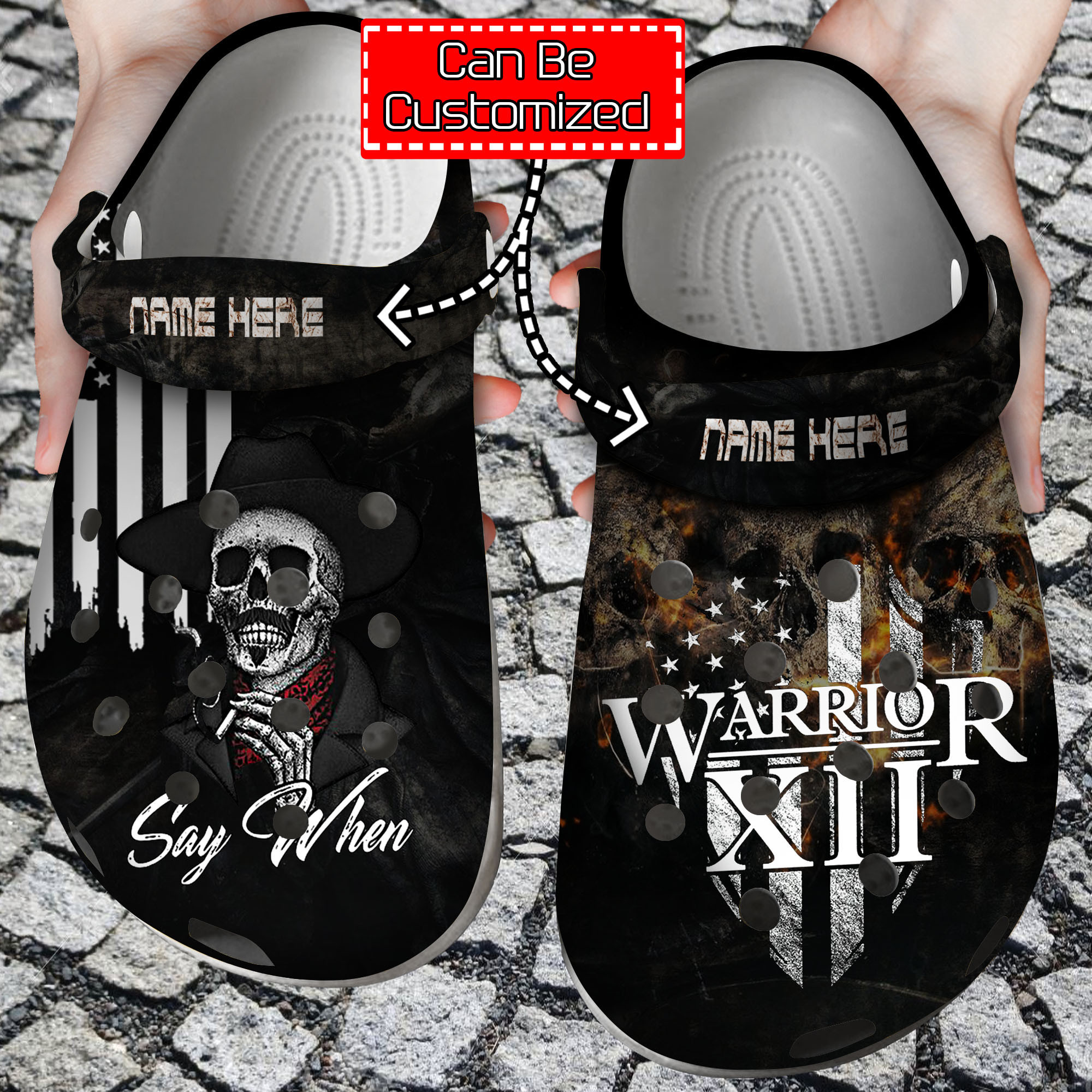 Personalized Skull Warrior XII Say When clog Shoes