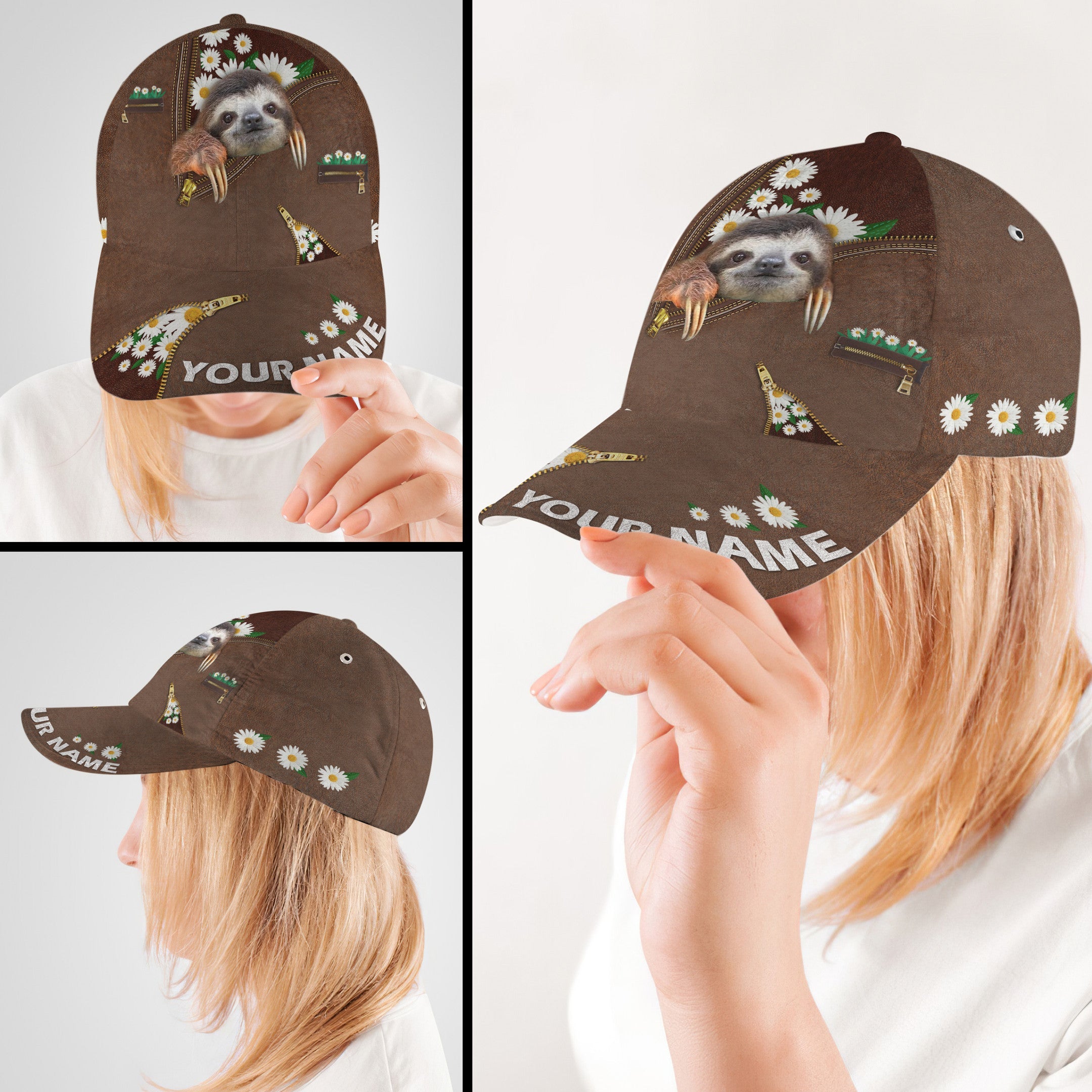 Personalized Sloth Leather Daisy Flower Hat Classic Cap Trucker Hats Custom Hats Gifts For Men & Women