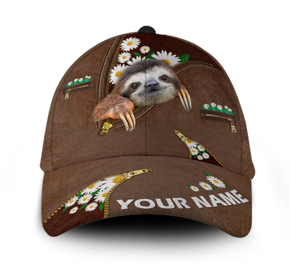 Personalized Sloth Leather Daisy Flower Hat Classic Cap Trucker Hats Custom Hats Gifts For Men & Women